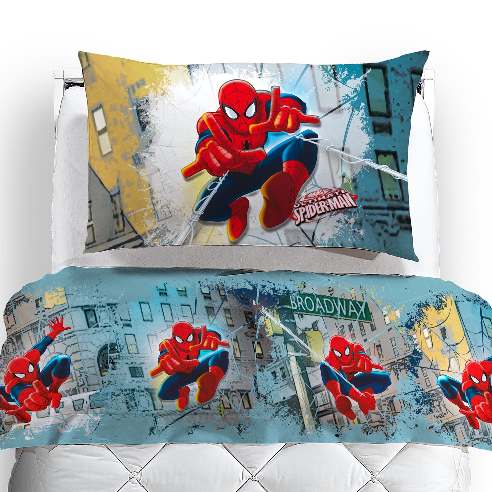 Completo lenzuola Flanella Spiderman Città Piazza e Mezza Marvel