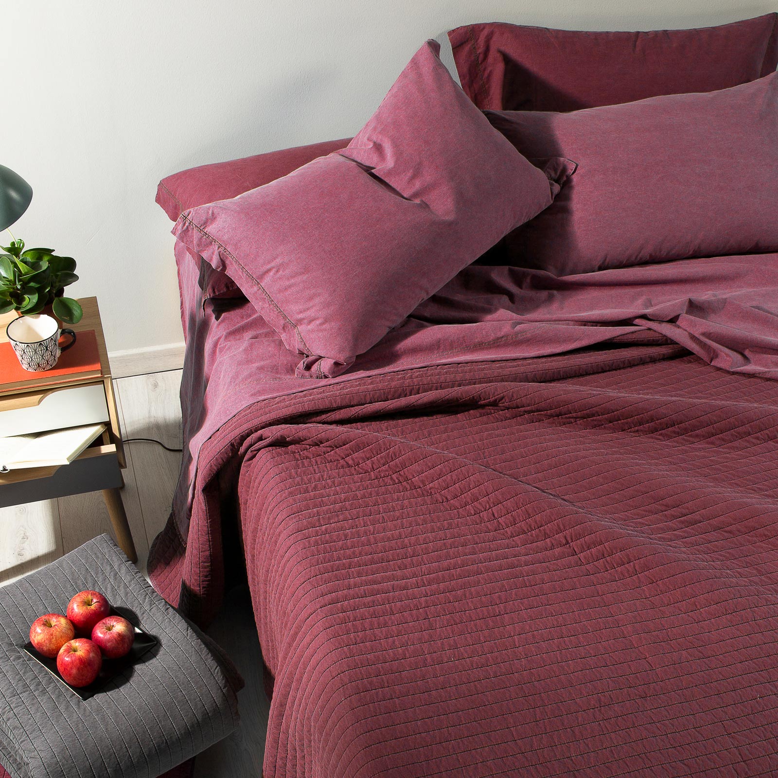 Copriletto-trapuntato-Singolo-Bordeaux-Jeans-Tinta Unita-Caleffi-Percalle-di-Cotone-Fibra-anallergica