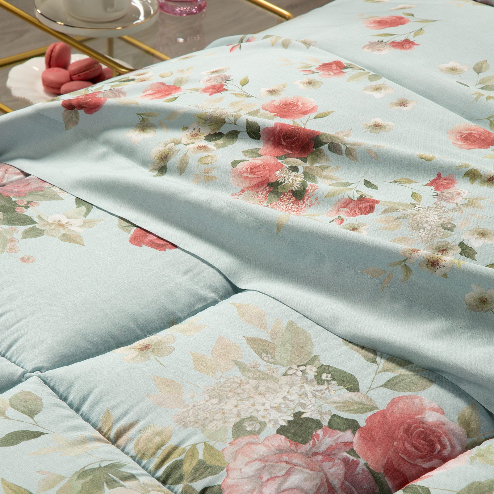Trapunta-Matrimoniale-Acquamarina-Rosier-Floreale-Caleffi-Raso-di-Cotone-Fibra-anallergica