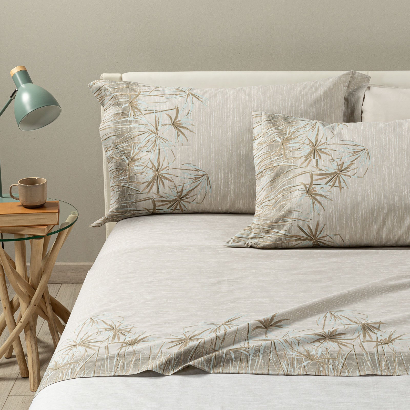 Completo-lenzuola-Matrimoniale-Naturale-Papiro-Floreale-Caleffi-Cotone-Senza-imbottitura