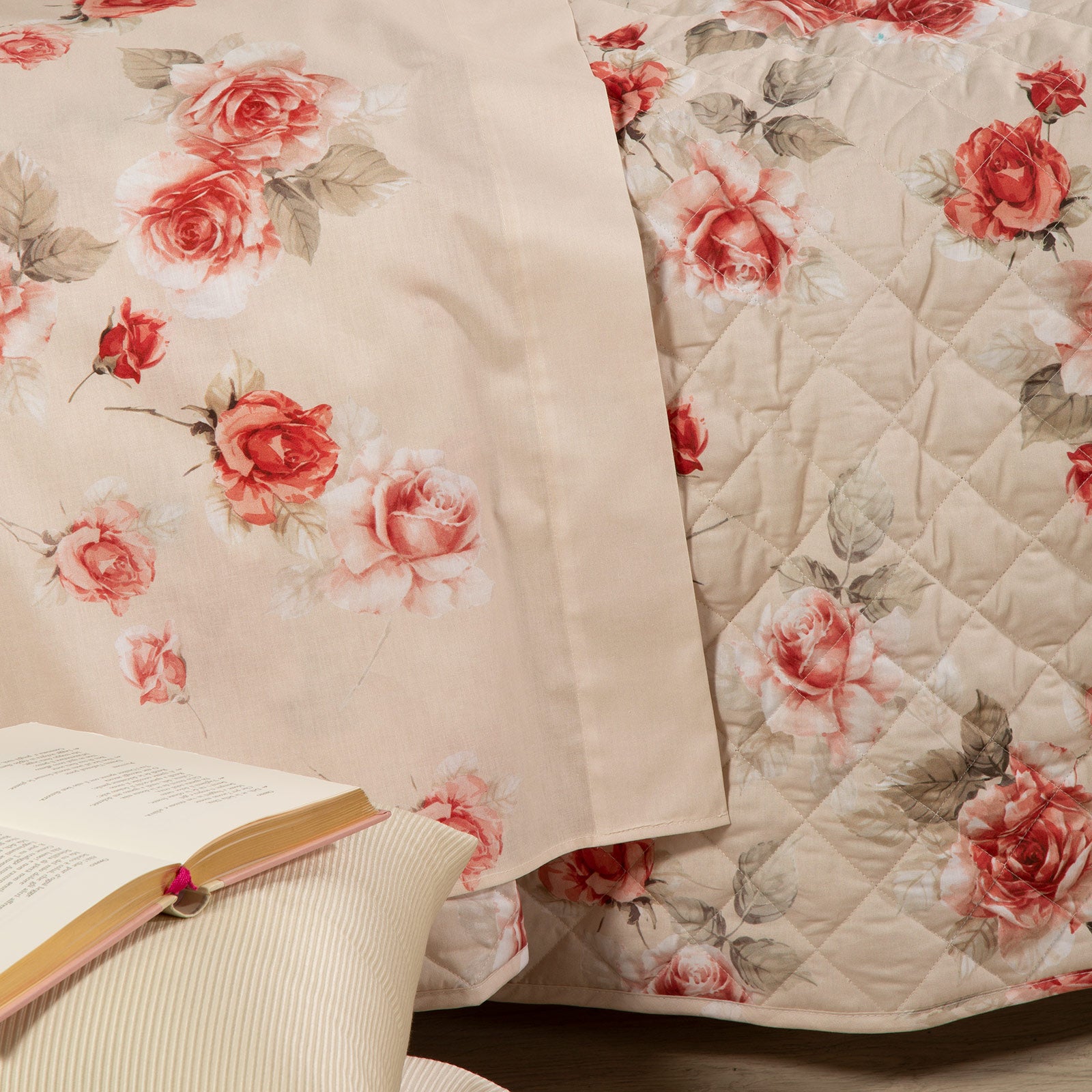 Copriletto-trapuntato-Matrimoniale-Miele-Rosa Juliet-Garden-Caleffi-Cotone-Fibra-anallergica