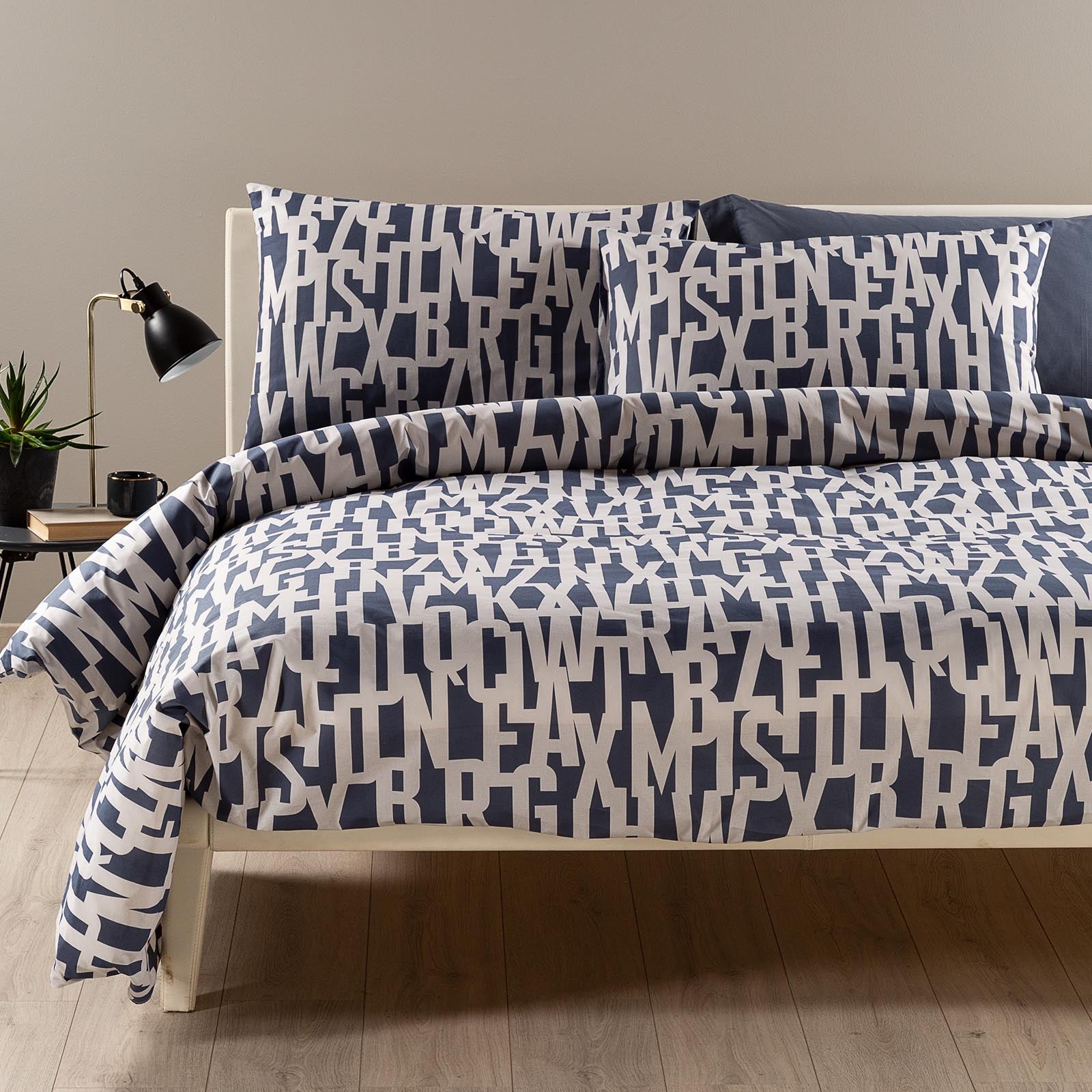 Completo-copripiumino-Matrimoniale-Grigio-Lettering-Viva la Notte-Caleffi-Cotone-Senza-imbottitura