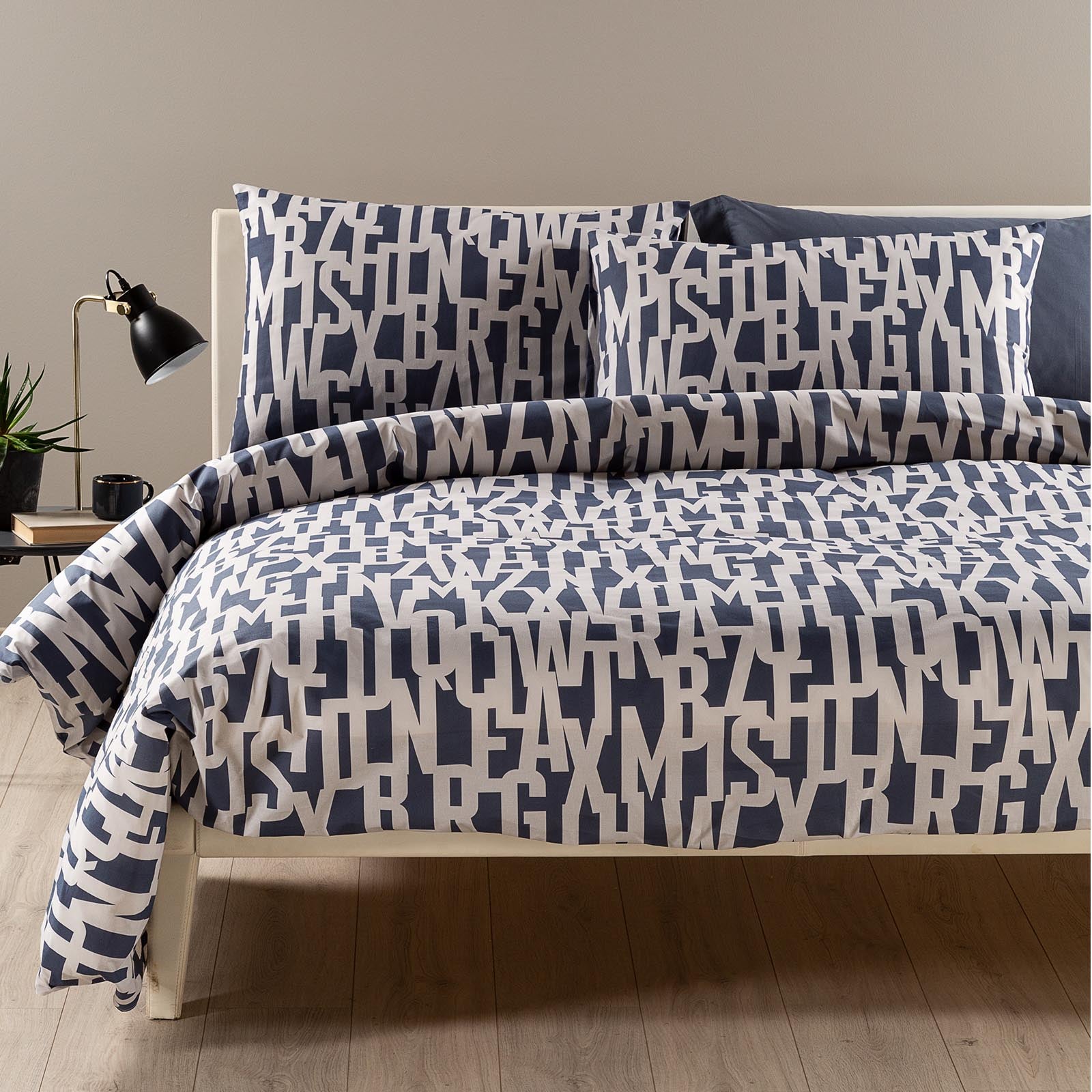 Parure-copripiumino-Matrimoniale-Grigio-Lettering-Viva la Notte-Caleffi-Cotone-Senza-imbottitura
