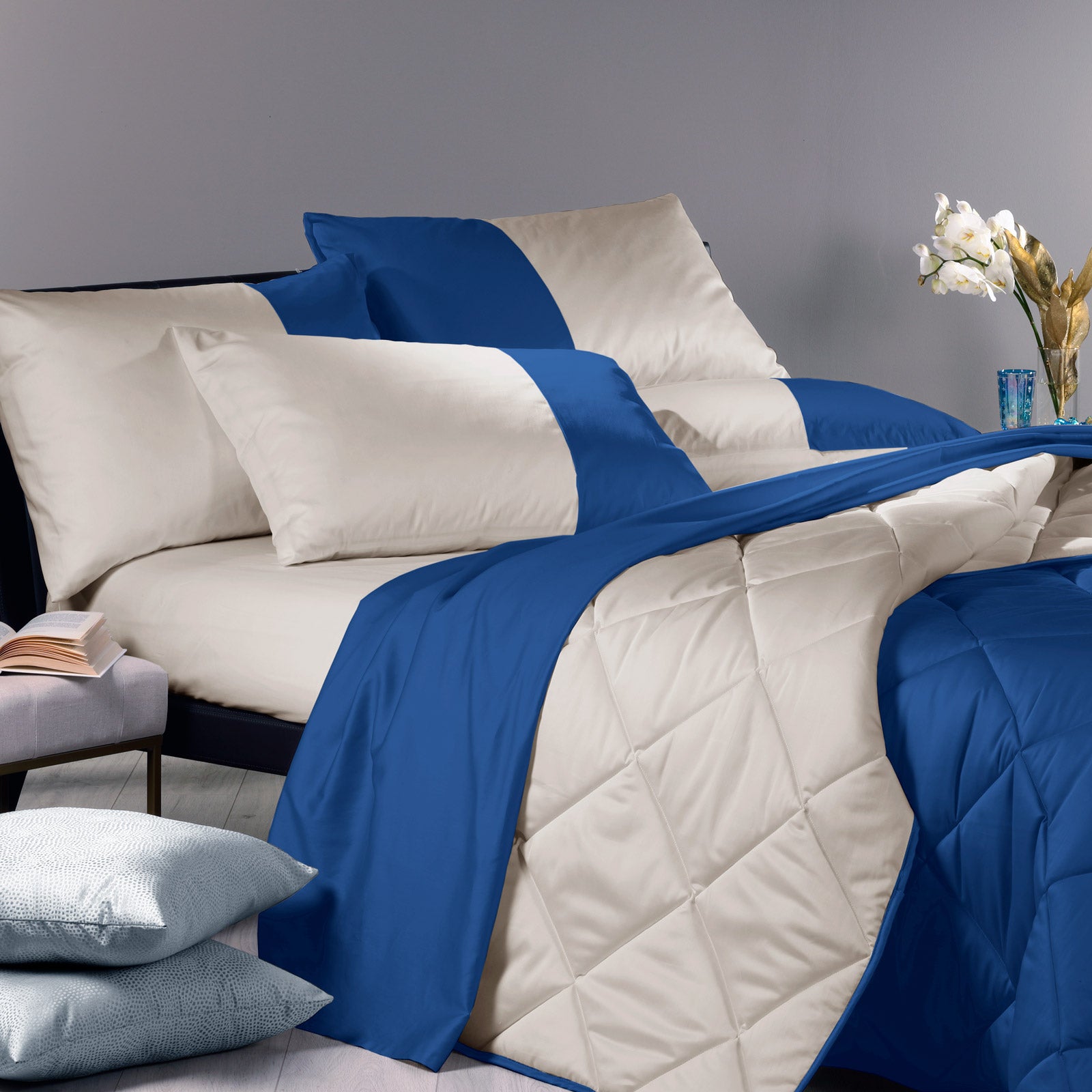 Calduccia-Matrimoniale-Blu-Corda-Suite-Non Codificato-Caleffi-Raso-di-Cotone-Microfibra