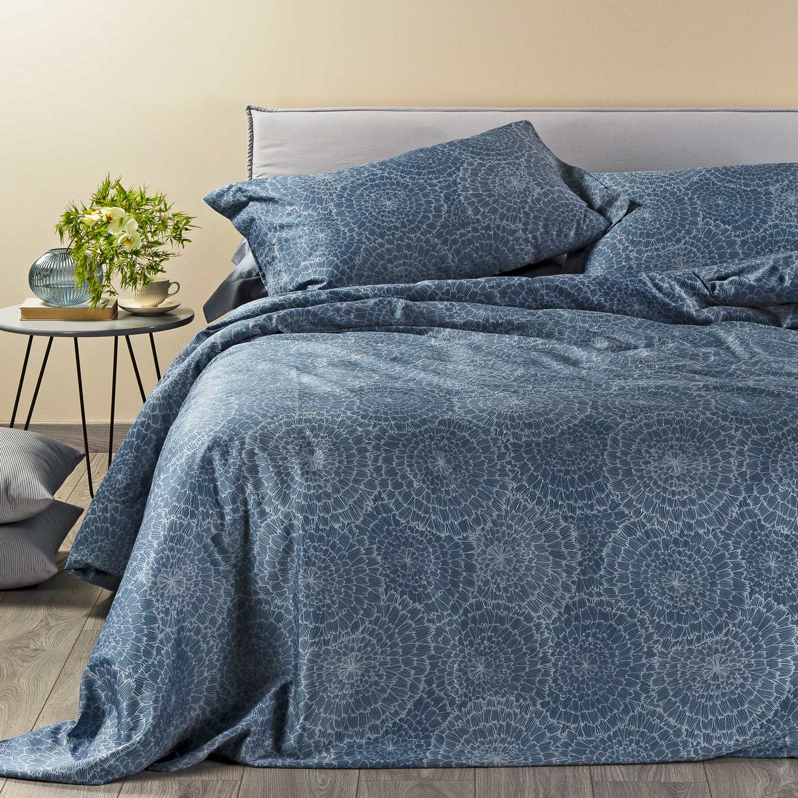Completo-copripiumino-Matrimoniale-Blu-Desert-Floreale-Caleffi-Raso-di-Cotone-Senza-imbottitura