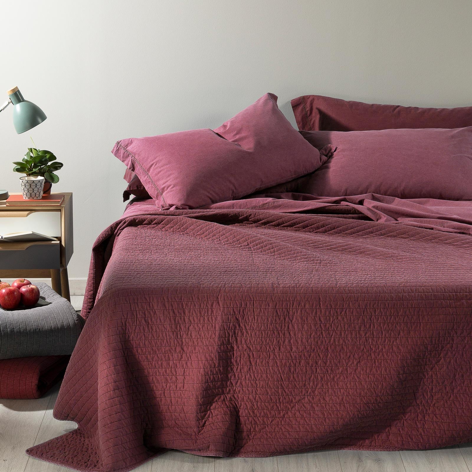 Copriletto-trapuntato-Singolo-Bordeaux-Jeans-Tinta Unita-Caleffi-Percalle-di-Cotone-Fibra-anallergica