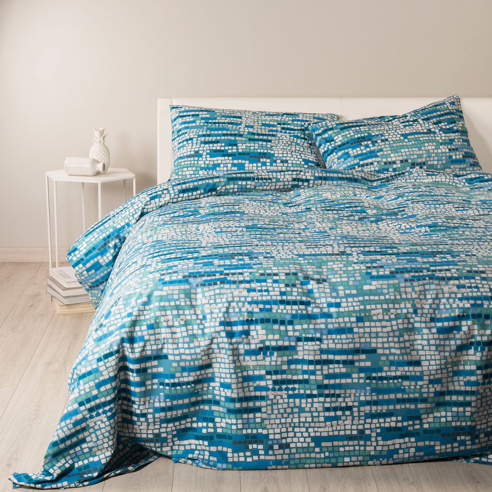 Completo-copripiumino-Matrimoniale-Blu-Mondial-Moderno-Caleffi-Cotone-Senza-imbottitura