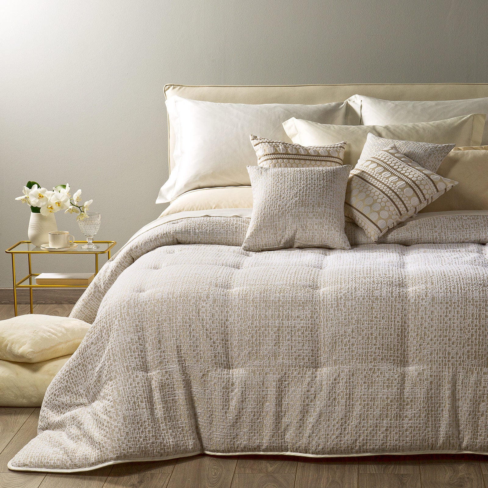 Leggerissima-Matrimoniale-Panna-Smeralda-Tinta Unita-Caleffi-Jacquard-Microfibra