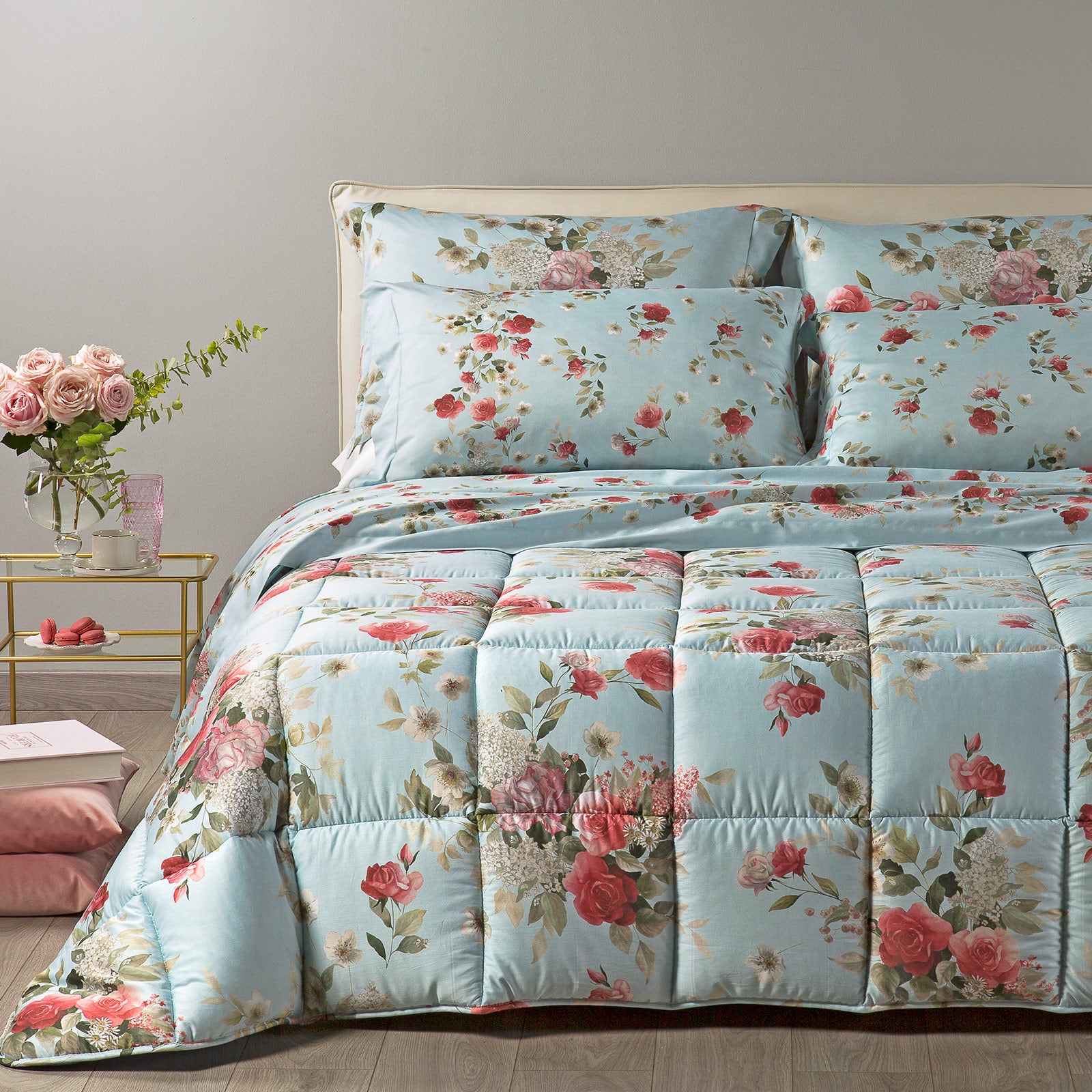 Trapunta-Matrimoniale-Acquamarina-Rosier-Floreale-Caleffi-Raso-di-Cotone-Fibra-anallergica