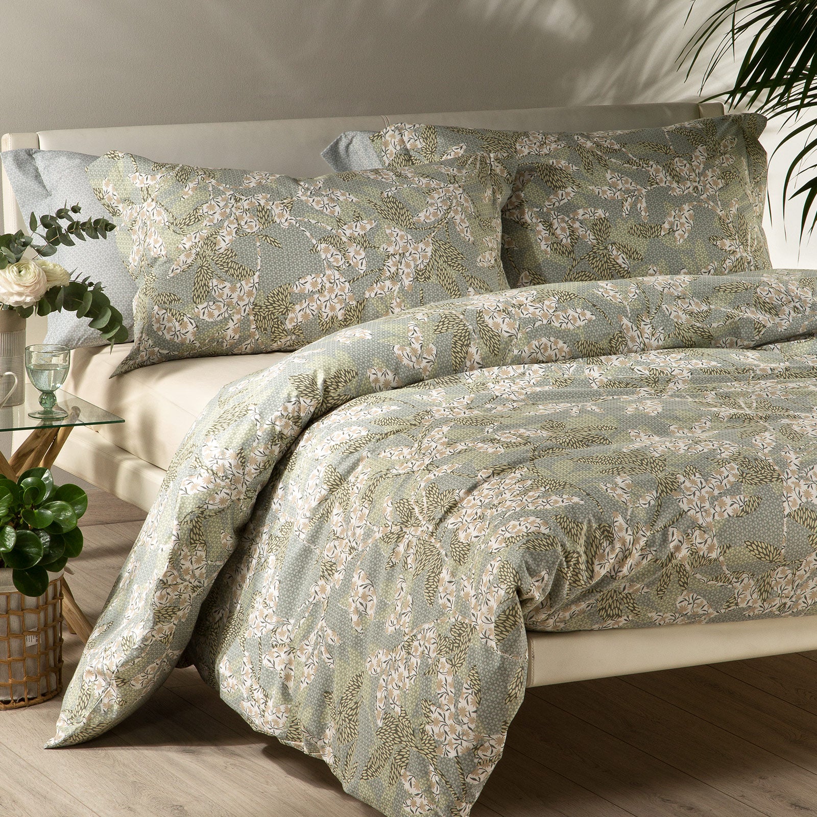 Completo-copripiumino-Matrimoniale-Giada-Evergreen-Floreale-Caleffi-Cotone-Senza-imbottitura