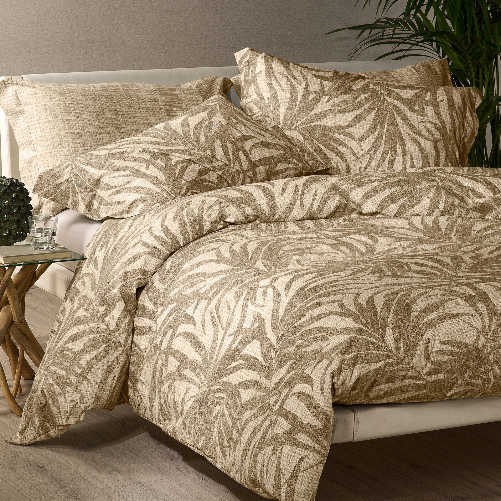 Completo-copripiumino-Matrimoniale-Naturale-Green-Floreale-Caleffi-Cotone-Senza-imbottitura