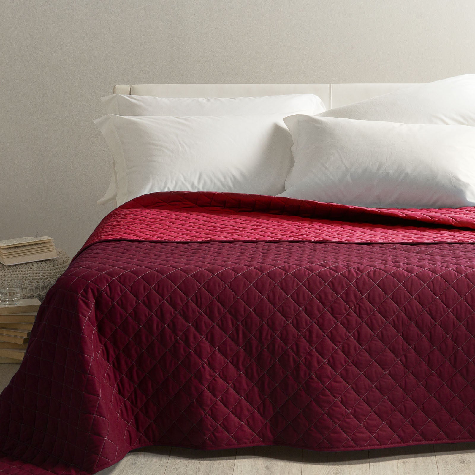 Copriletto-trapuntato-Matrimoniale-Bordeaux-Mix-Tinta Unita-Caleffi-Cotone-Fibra-anallergica
