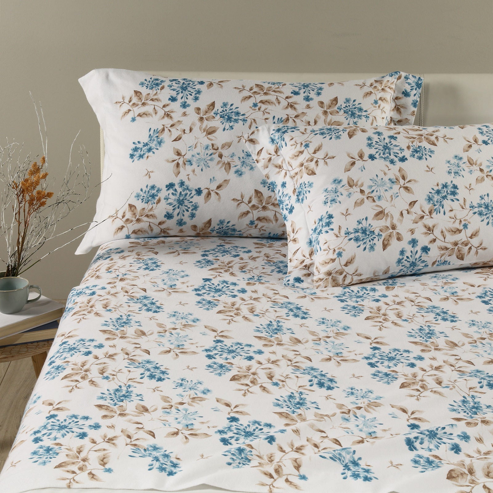 Completo-lenzuola-King-Azzurro-Liberty flanella-Floreale-Caleffi-Flanella-Senza-imbottitura