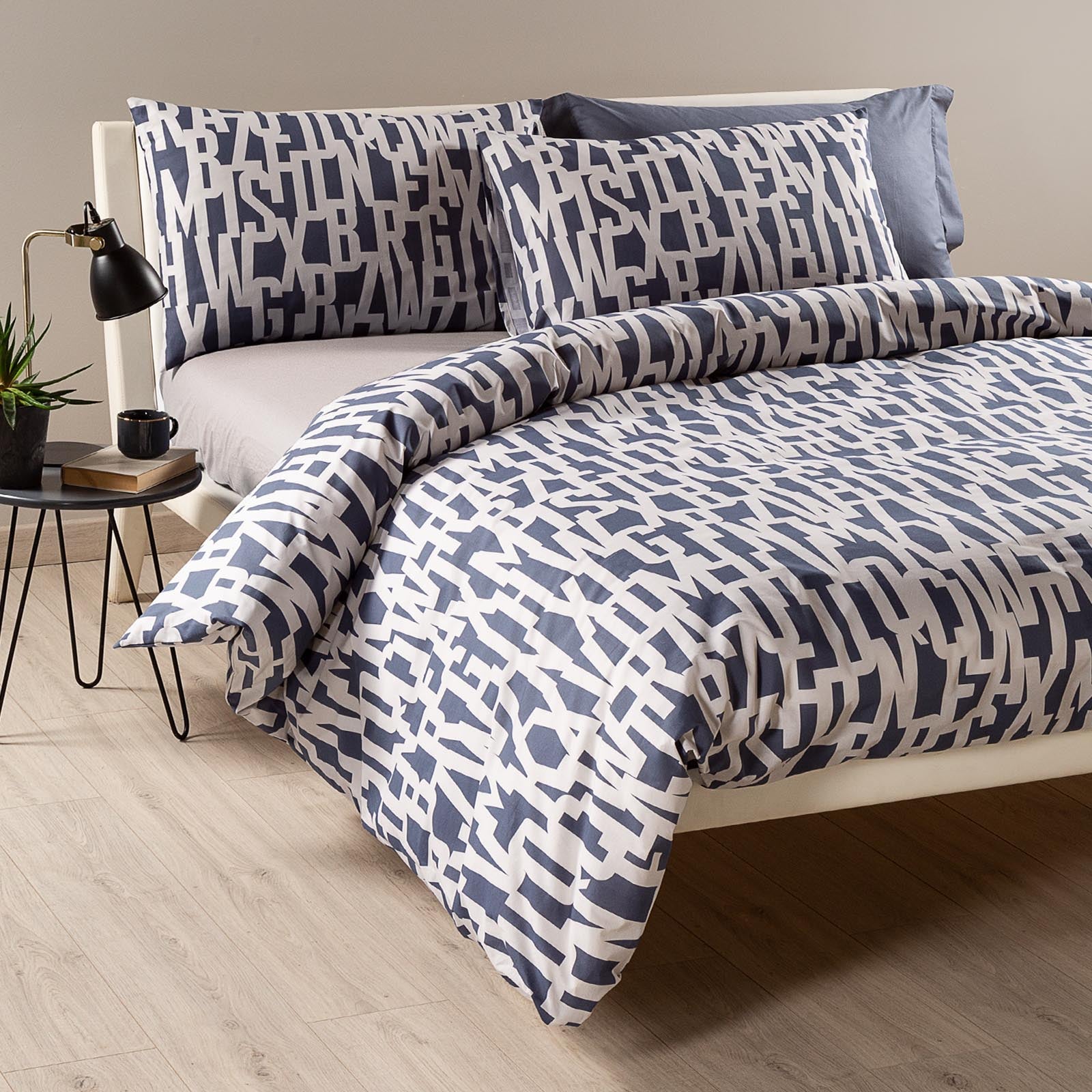 Completo-copripiumino-Matrimoniale-Grigio-Lettering-Viva la Notte-Caleffi-Cotone-Senza-imbottitura