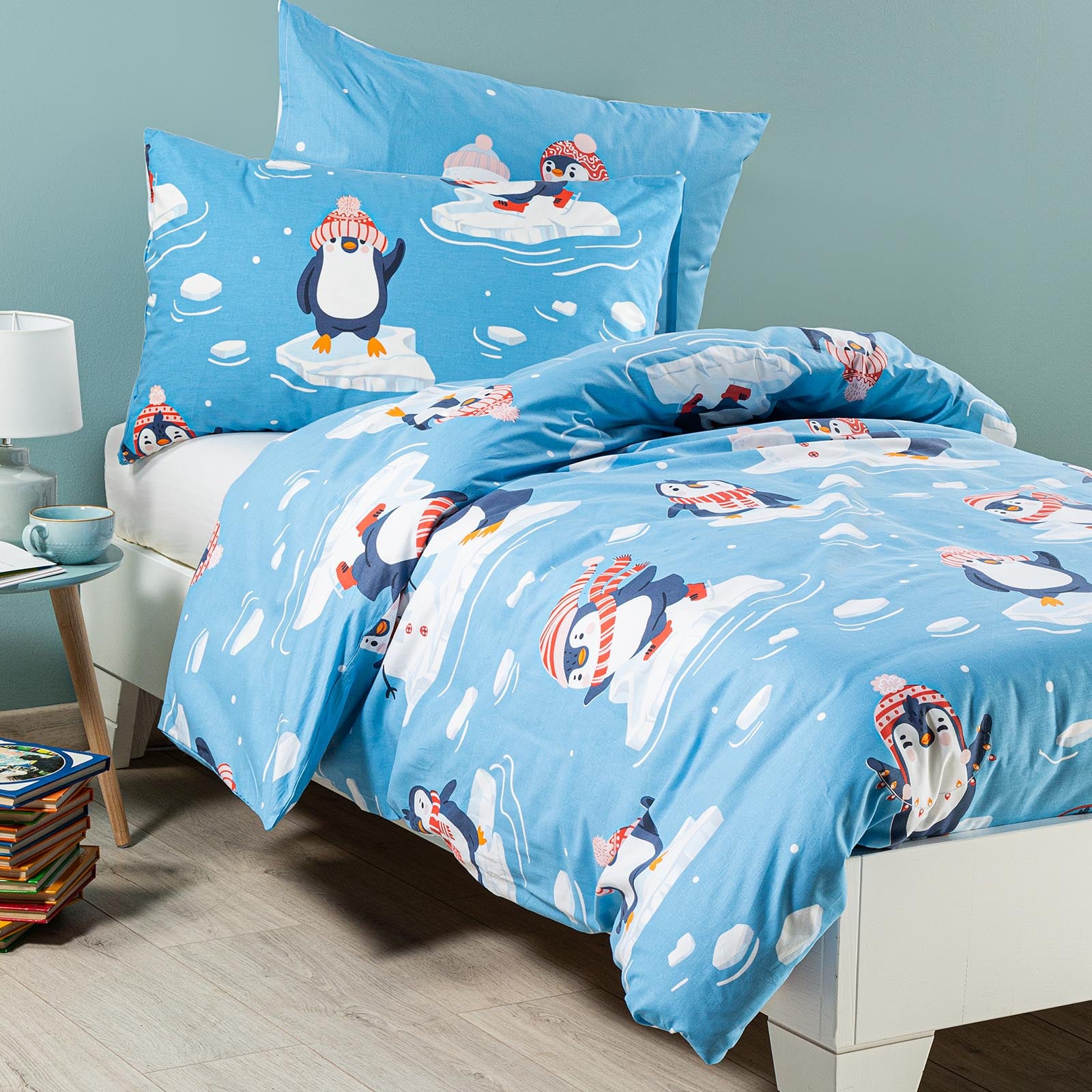 Completo-copripiumino-Singolo-Unica-Pinguini-Ragazzo-Caleffi Kids-Cotone-Senza-imbottitura
